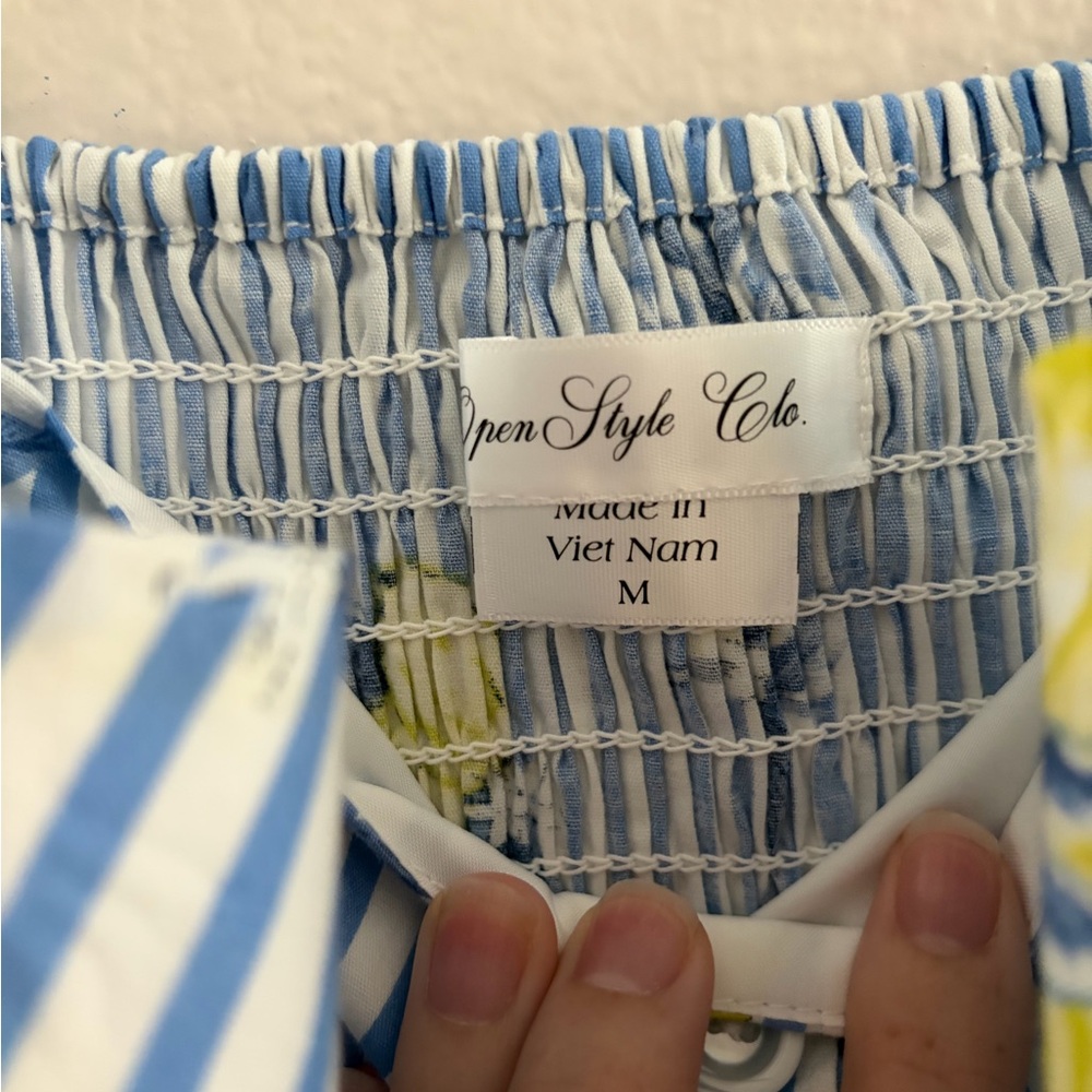 Open Style Clo Lemon Stripe Sundress Blue White Smocked Back A-Line Medium - Picture 2 of 8